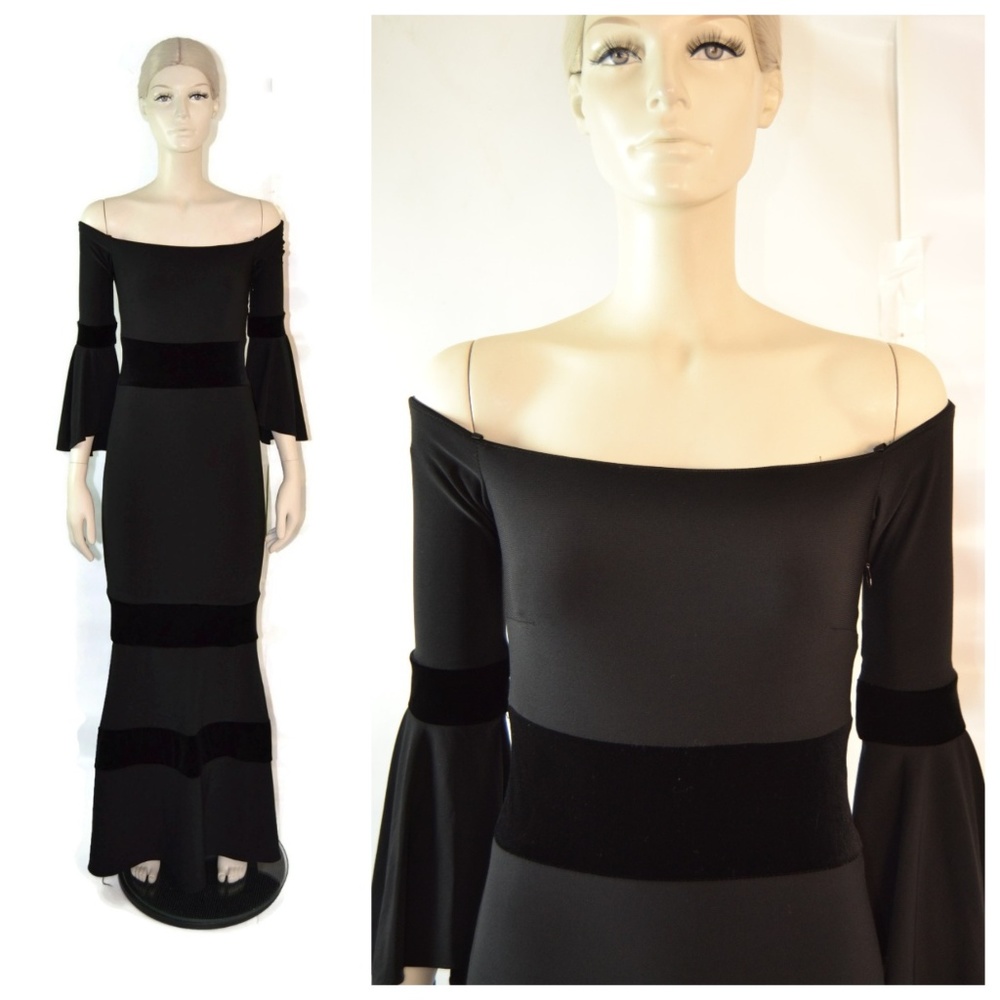 Xscape Black Bell Sleeves Off Shoulder Gown Size 2
